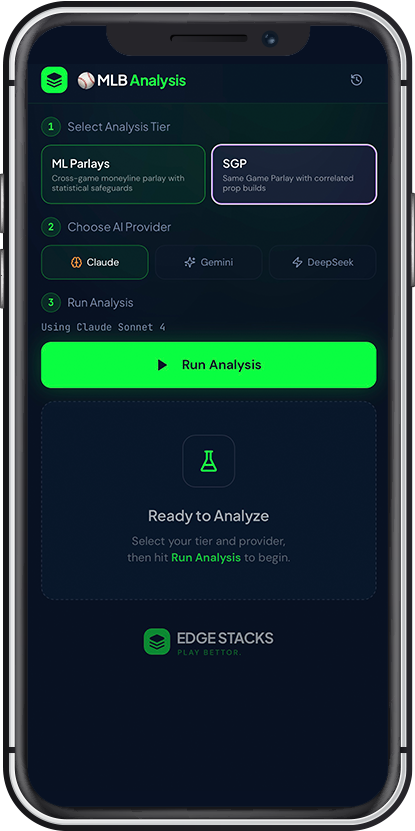 EDGE STACKS MLB analysis configuration on iPhone — ML Parlays and SGP tier selection with Claude, Gemini, and DeepSeek AI providers and green Run Analysis button