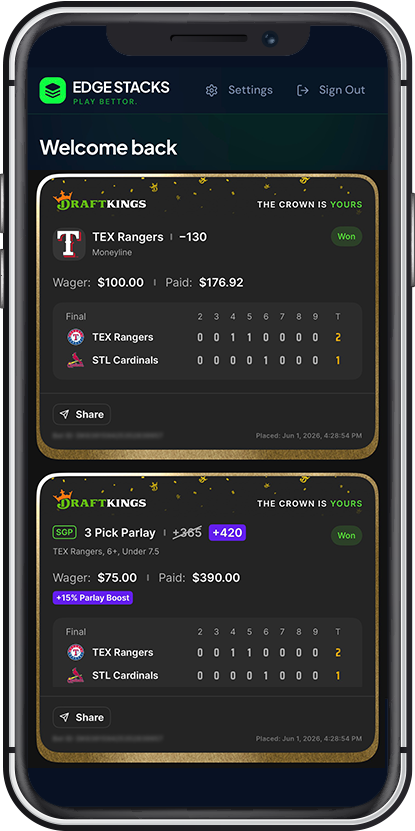 DraftKings winning bet slips on iPhone — Texas Rangers moneyline win paying $176.92 and 3-pick SGP parlay with +420 boosted odds paying $390 on June 1, 2026