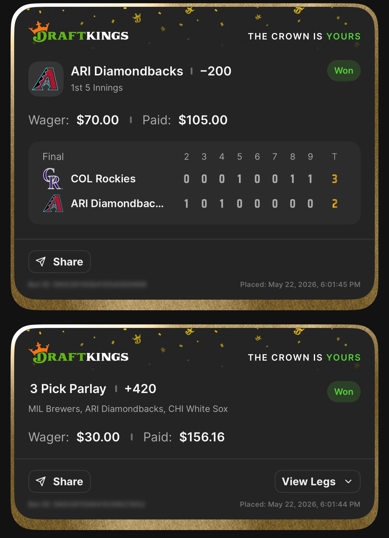 DraftKings ARI Diamondbacks 1st 5 Innings ML at -200 won $70→$105.00 + 3 Pick Parlay +420 MIL Brewers, ARI Diamondbacks, CHI White Sox won $30→$156.16 — Diamondbacks 2, Rockies 3 (ARI led 2-0 through 5) — May 22, 2026