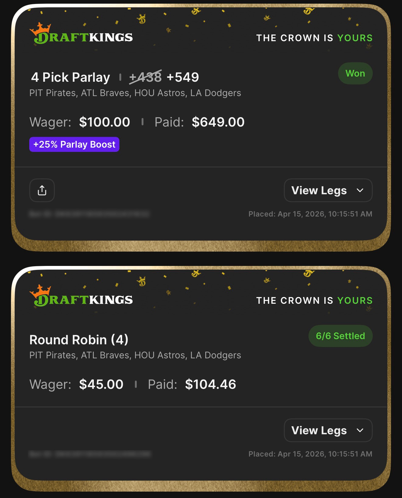 4 Pick Parlay +549 boosted — PIT Pirates, ATL Braves, HOU Astros, LA Dodgers — Won $649 from $100 wager