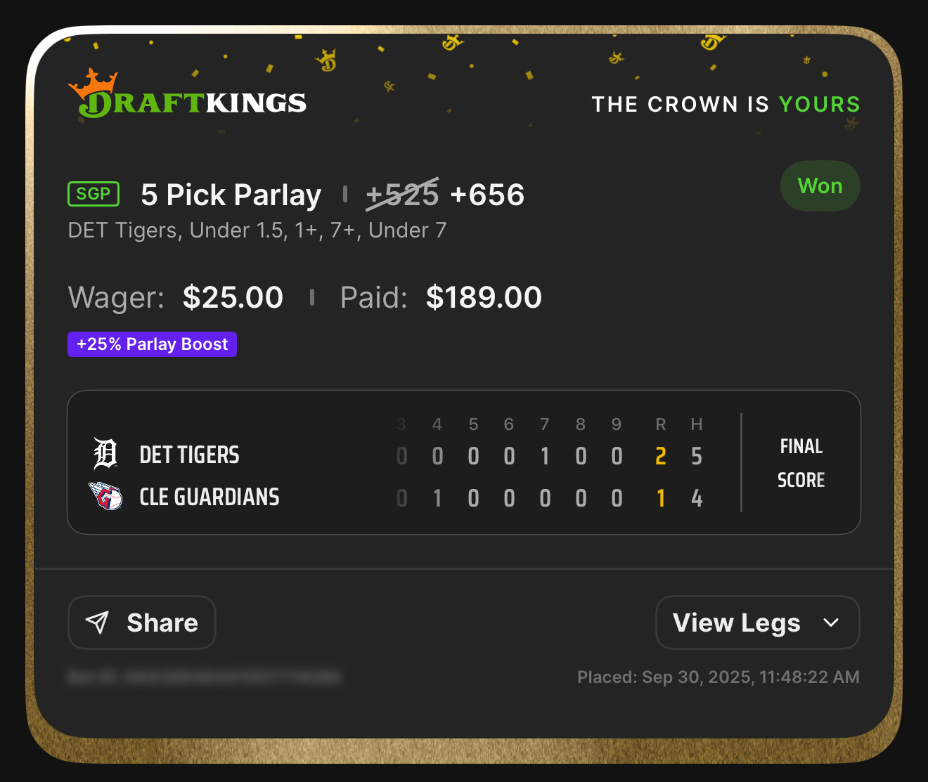 5 Pick SGP +656 boosted — DET Tigers — Won $189 from $25 with 25% Boost