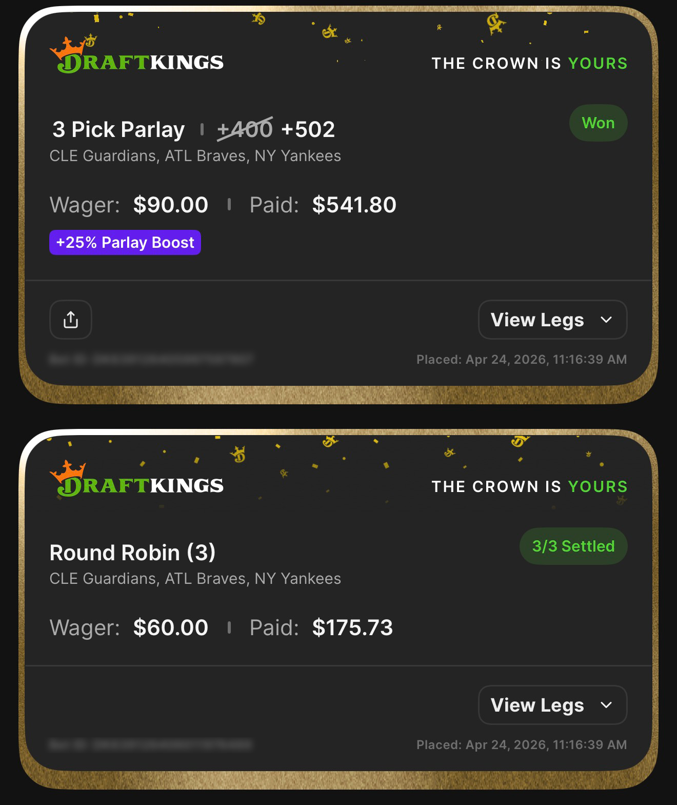 3 Pick Parlay +502 boosted from +400 — CLE Guardians, ATL Braves, NY Yankees — Won $541.80 from $90 with 25% Parlay Boost, plus anchor side bets on the same legs that settled 3/3 for an additional $175.73 from $60 — $717.53 returned on $150 staked