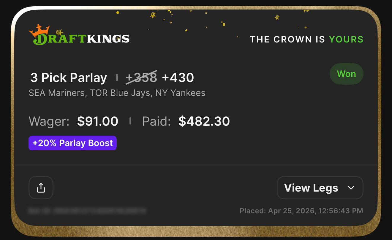 DraftKings 3 Pick Parlay +430 boosted from +358 — SEA Mariners, TOR Blue Jays, NY Yankees moneyline — Won $482.30 from $91 with 20% Parlay Boost