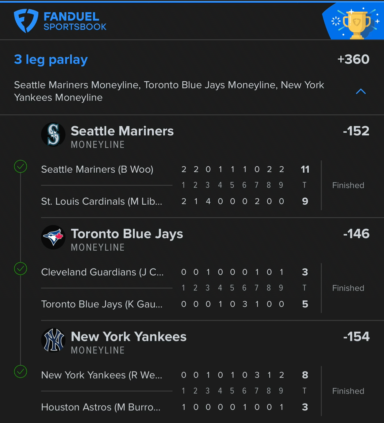 FanDuel 3 Leg Parlay +360 — Seattle Mariners, Toronto Blue Jays, NY Yankees moneyline — Same system picks placed on a second sportsbook, all three favorites won
