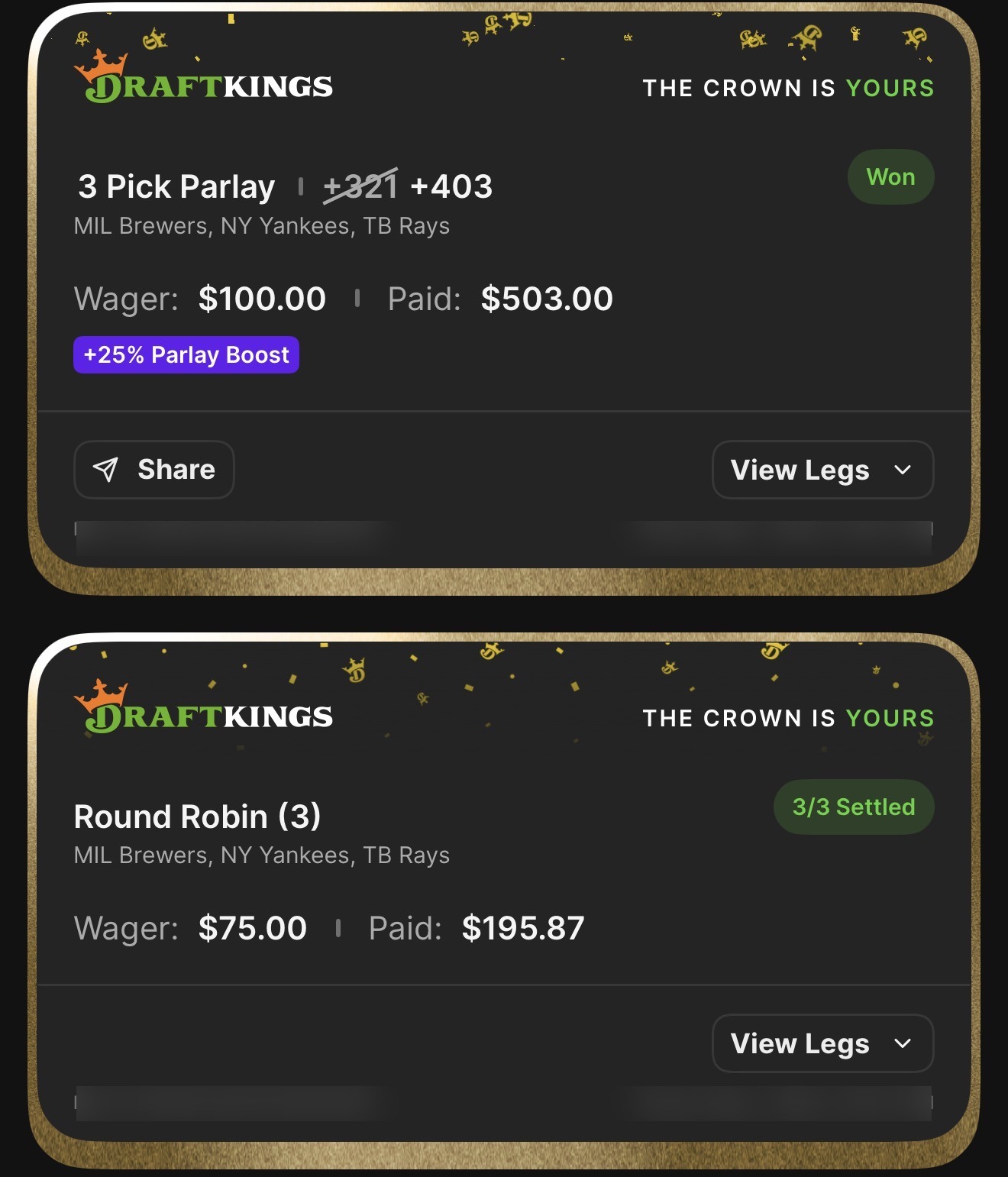 DraftKings 3 Pick Parlay +403 boosted from +321 — MIL Brewers, NY Yankees, TB Rays moneyline — Won $503 from $100 with 25% Parlay Boost, plus anchor side bets settled 3/3 for $195.87 from $75 — $698.87 total returned on $175 staked