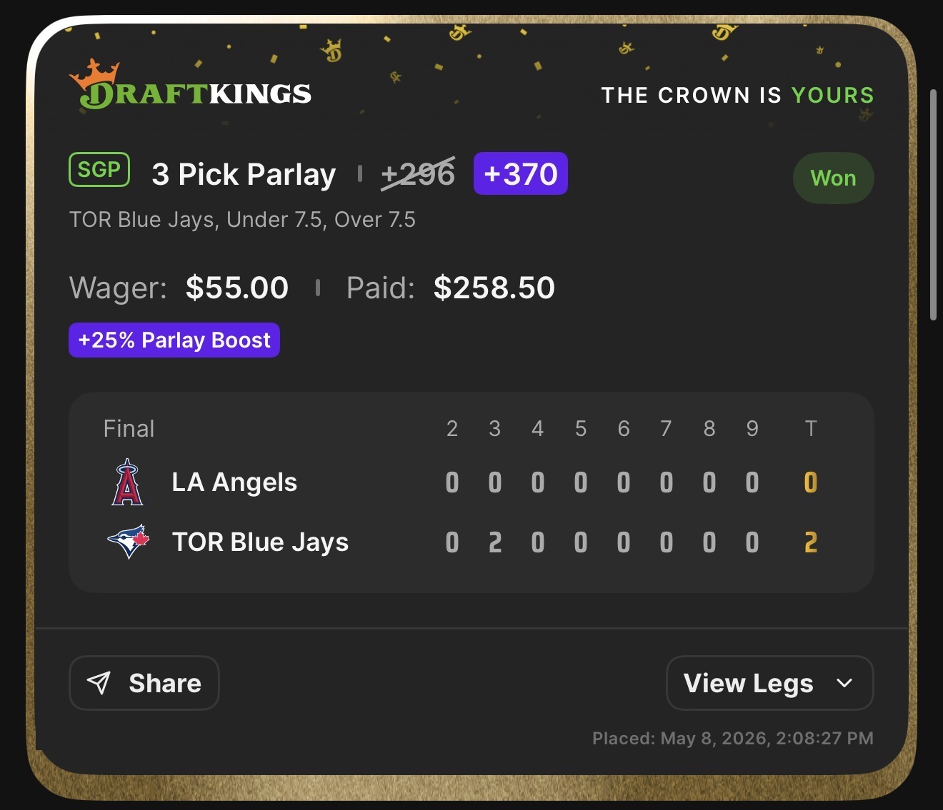 DraftKings SGP +370 boosted from +296 — TOR Blue Jays ML, Under 7.5, Over 7.5 strikeouts — Won $258.50 from $55 with 25% Parlay Boost — SP Dominance Override build: Dylan Cease shut out LA Angels 2-0
