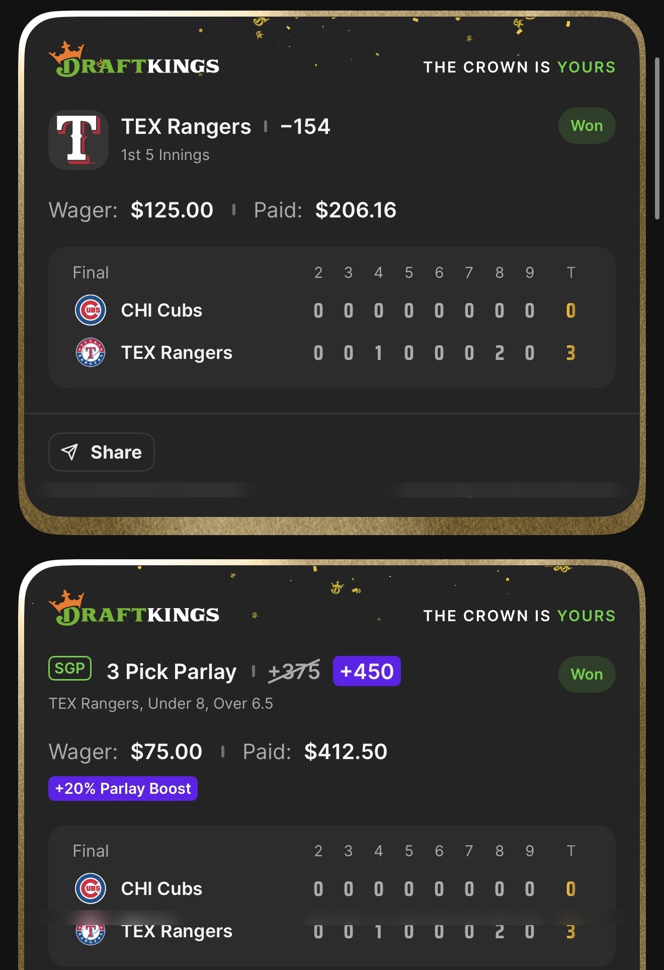 DraftKings TEX Rangers F5 ML -154 anchor bet $125→$206.16 + 3 Pick SGP +450 boosted from +375 — TEX Rangers, Under 8, Over 6.5 — $75→$412.50 with 20% Parlay Boost — $618.66 total returned — deGrom vs Cubs, May 10 2026