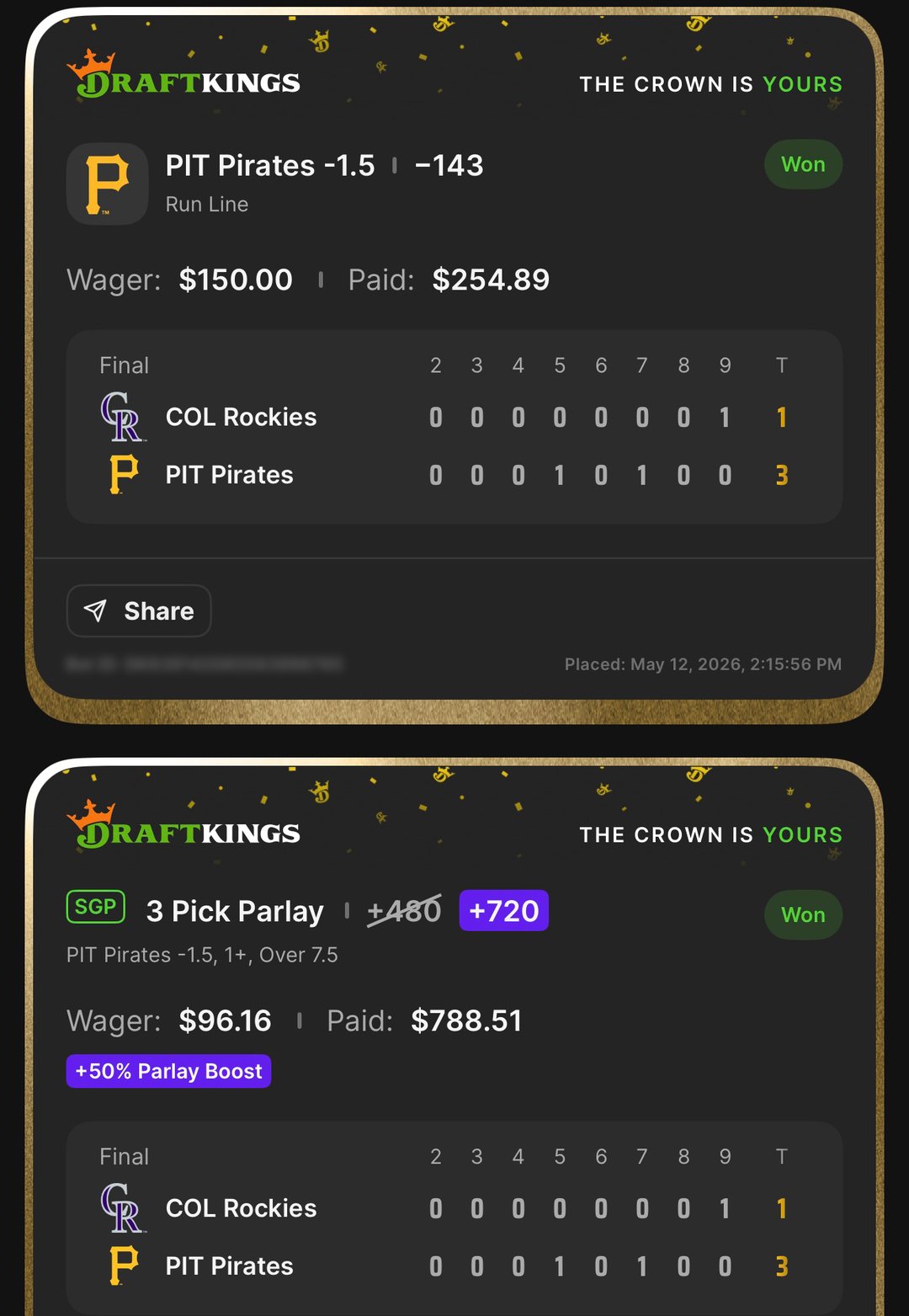 DraftKings Pittsburgh Pirates -1.5 Run Line at -143 won $150→$254.89 + Same-Game 3 Pick SGP at +720 with 50% Boost won $96.16→$788.51 — Skenes Over Ks, Reynolds Over 0.5 RBI, PIT -1.5 — Pirates 3, Rockies 1 — May 12, 2026 system day