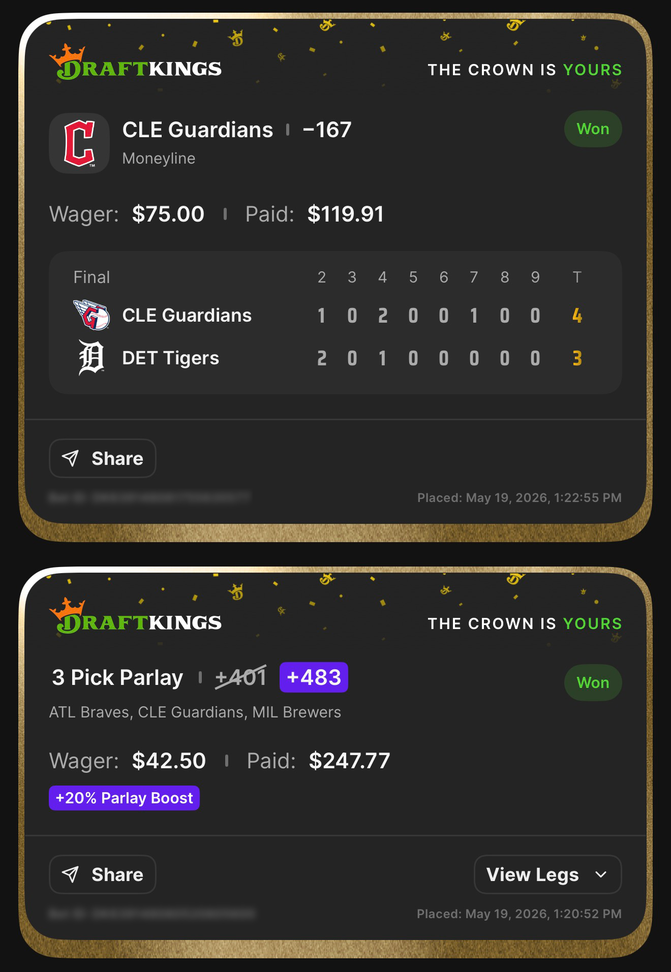 DraftKings CLE Guardians ML anchor at -167 won $75→$119.91 + 3 Pick Parlay +483 (boosted from +401 with +20% Parlay Boost) ATL Braves, CLE Guardians, MIL Brewers won $42.50→$247.77 — Guardians 4, Tigers 3 — May 19, 2026 clean MLB sweep