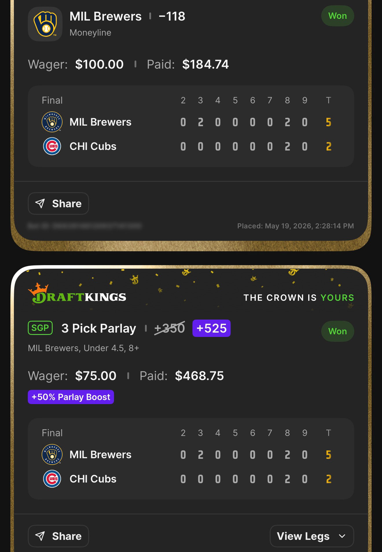 DraftKings MIL Brewers ML anchor at -118 won $100→$184.74 + SGP 3 Pick Parlay +525 (boosted from +350 with +50% Parlay Boost) MIL Brewers, Under 4.5, 8+ won $75→$468.75 — Brewers 5, Cubs 2 — May 19, 2026 clean MLB sweep