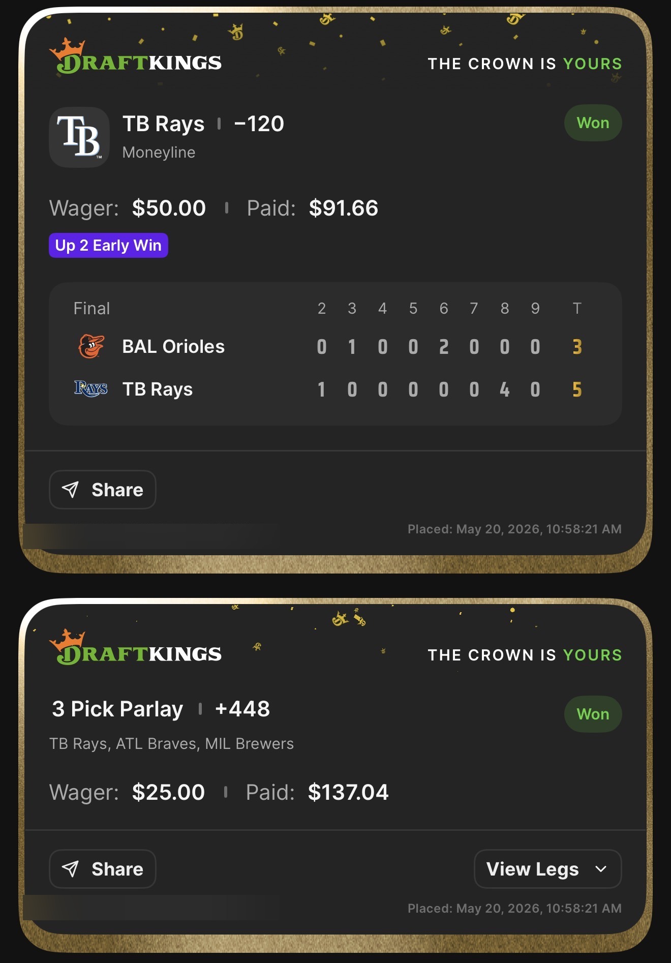 DraftKings TB Rays ML at -120 won $50→$91.66 + 3 Pick Parlay +448 TB Rays, ATL Braves, MIL Brewers won $25→$137.04 — Rays 5, Orioles 3 — May 20, 2026 multi-sport night