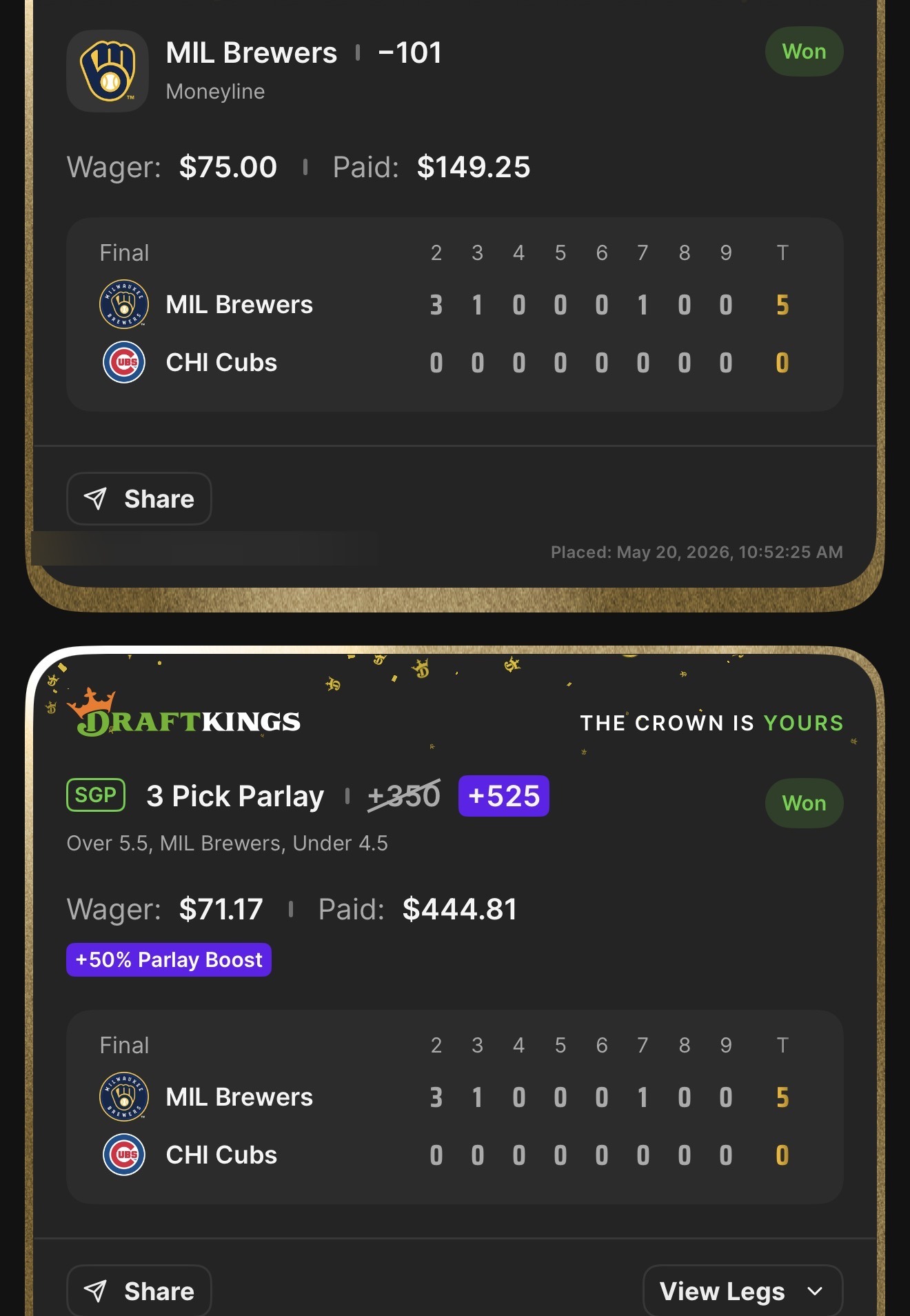 DraftKings MIL Brewers ML at -101 won $75→$149.25 + SGP 3 Pick Parlay +525 (boosted from +350 with +50% Parlay Boost) Over 5.5, MIL Brewers, Under 4.5 won $71.17→$444.81 — Brewers 5, Cubs 0 — Harrison shutout — May 20, 2026 multi-sport night
