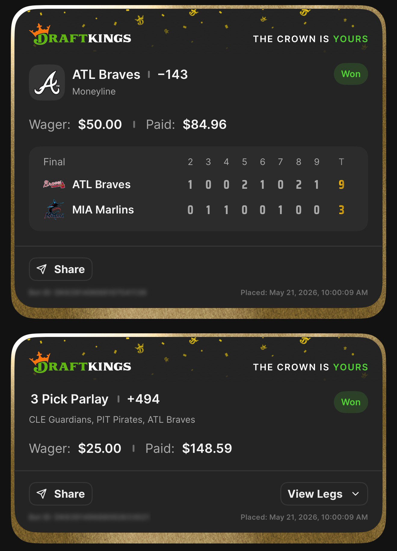 DraftKings ATL Braves ML at -143 won $50→$84.96 + 3 Pick Parlay +494 ATL Braves, PIT Pirates, CLE Guardians won $25→$148.59 — Braves 9, Marlins 3 — May 21, 2026