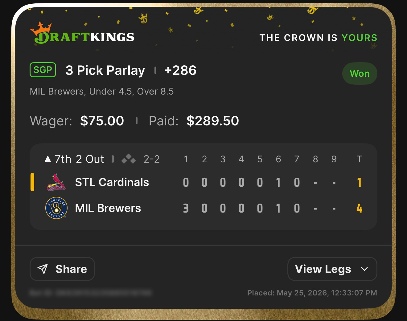 DraftKings SGP 3 Pick Parlay +286 MIL Brewers, Under 4.5, Over 8.5 won $75→$289.50 — Brewers 4, Cardinals 1 — May 25, 2026