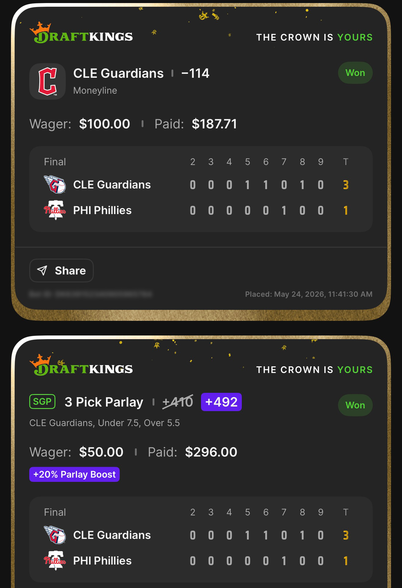 DraftKings CLE Guardians ML anchor at -114 won $100→$187.71 + SGP 3 Pick Parlay +492 (boosted from +410 with +20% Parlay Boost) CLE Guardians, Under 7.5, Over 5.5 won $50→$296.00 — Guardians 3, Phillies 1 — May 24, 2026