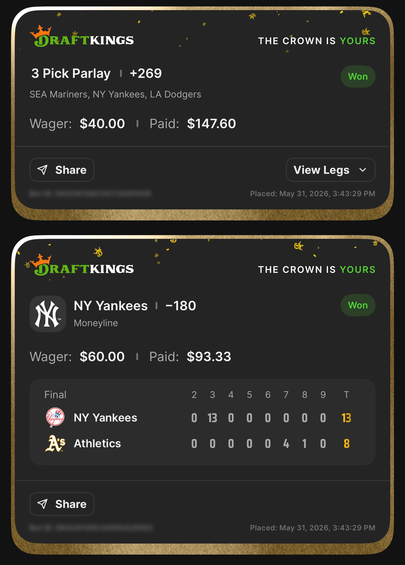 DraftKings 3 Pick Parlay +269 SEA Mariners, NY Yankees, LA Dodgers won $40→$147.60 + NY Yankees ML -180 anchor won $60→$93.33 — Yankees 13, Athletics 8 — May 31, 2026
