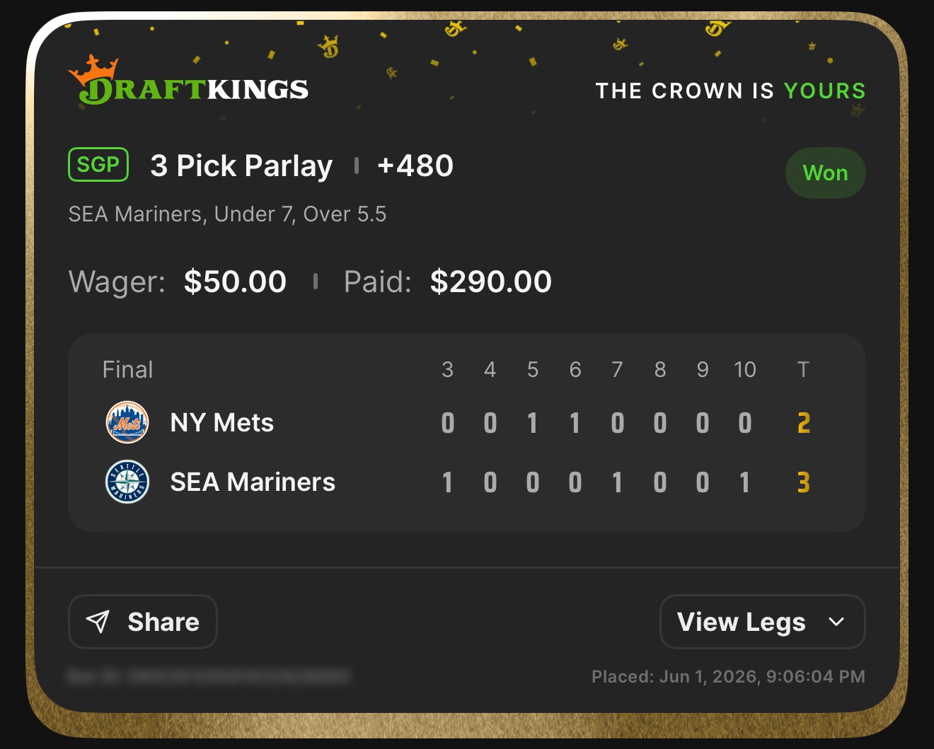 DraftKings SGP 3 Pick Parlay +480 SEA Mariners, Under 7, Over 5.5 won $50→$290.00 — Mariners 3, Mets 2 (10 innings) — June 1, 2026