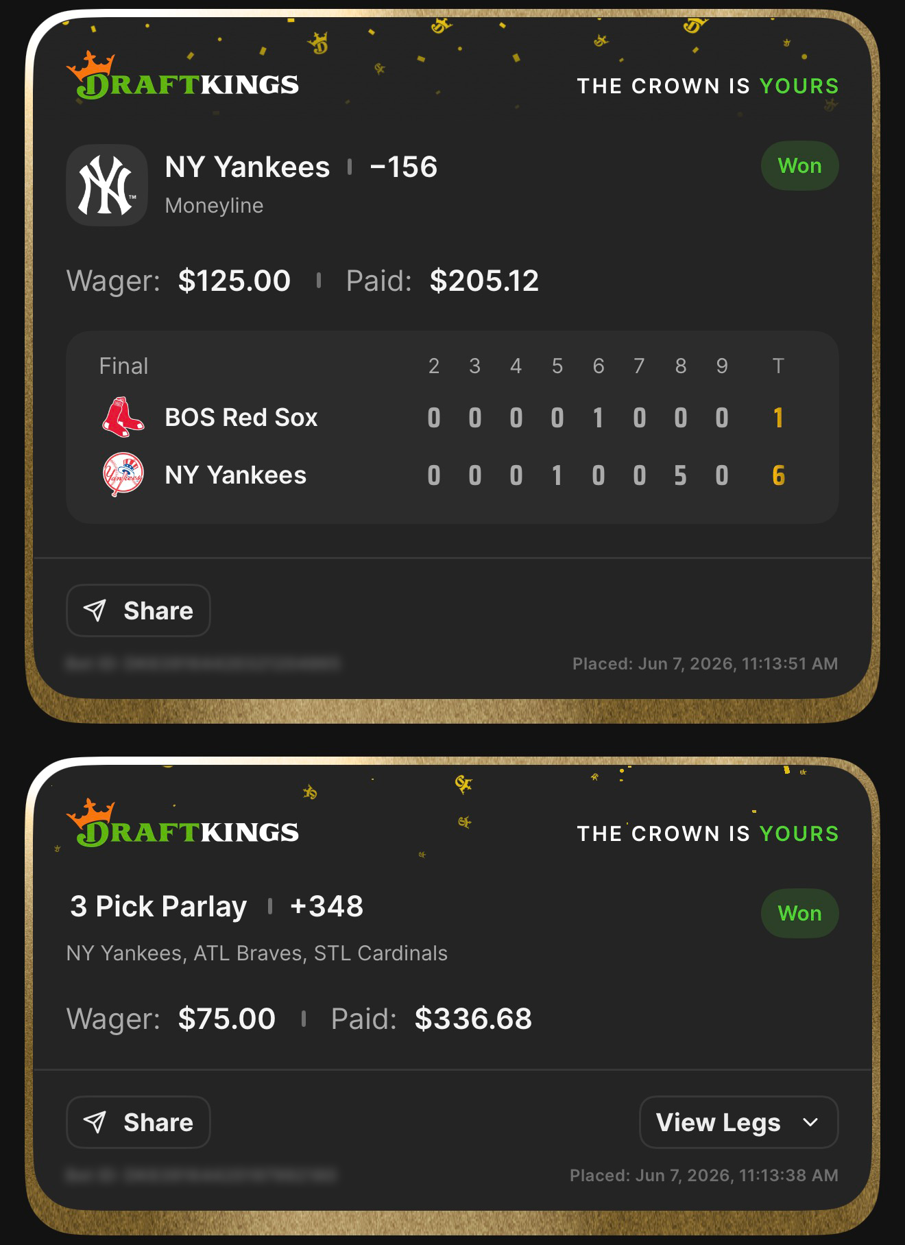 DraftKings NY Yankees ML -156 won $125→$205.12 + 3 Pick Parlay +348 NY Yankees, ATL Braves, STL Cardinals won $75→$336.68 — Yankees 6, Red Sox 1 — June 7, 2026