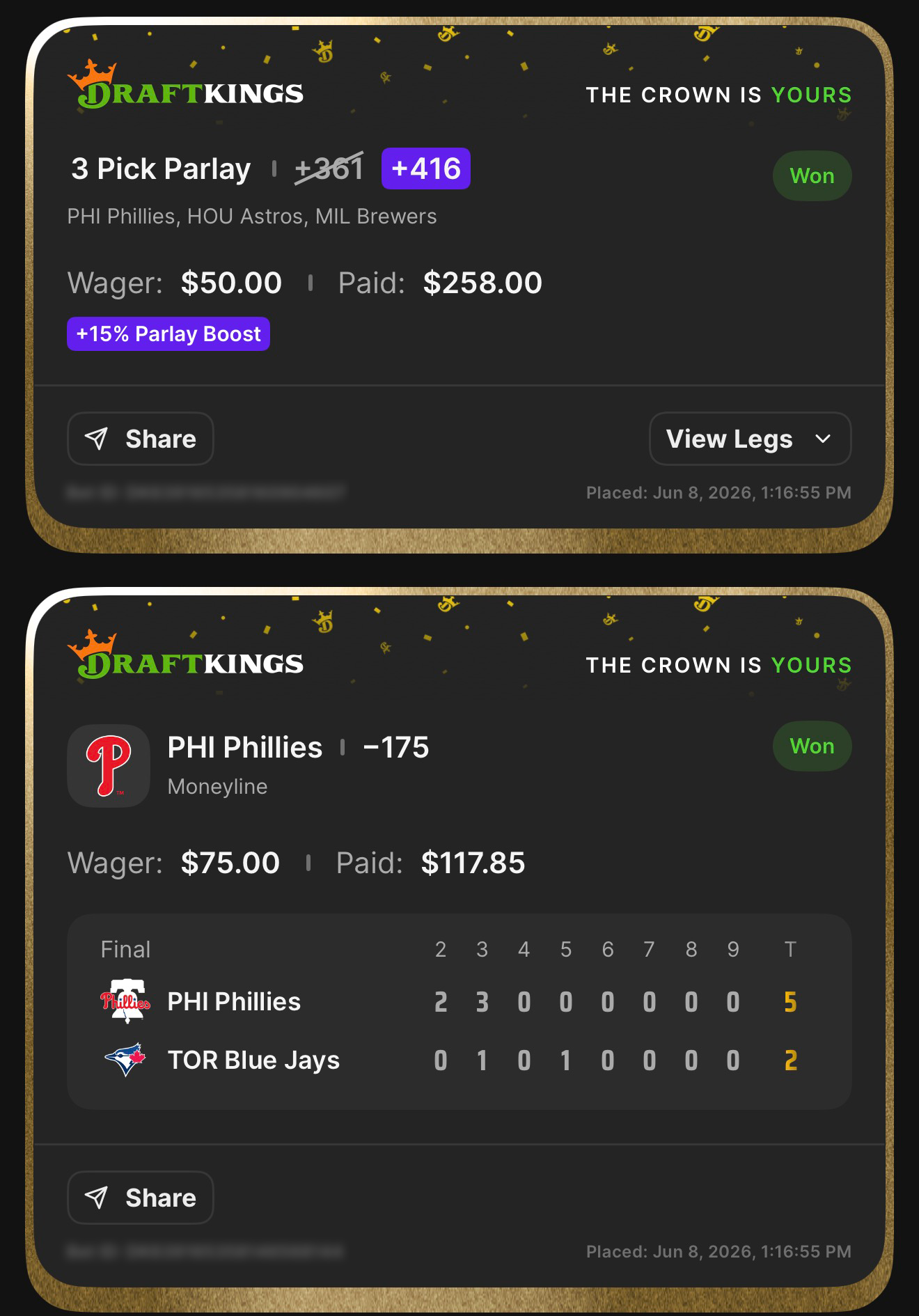 DraftKings 3 Pick Parlay +416 (boosted from +361 with +15% Parlay Boost) PHI Phillies, HOU Astros, MIL Brewers won $50→$258.00 + PHI Phillies ML -175 anchor won $75→$117.85 — Phillies 5, Blue Jays 2 — June 8, 2026
