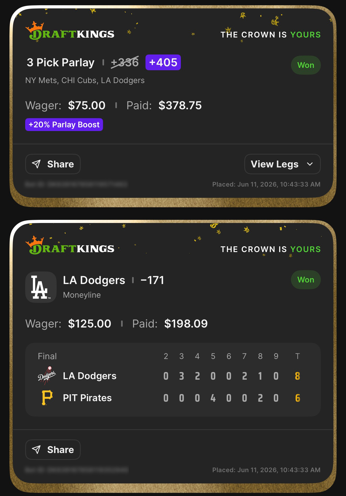 DraftKings 3 Pick Parlay +405 (boosted from +336 with +20% Parlay Boost) NY Mets, CHI Cubs, LA Dodgers won $75→$378.75 + LA Dodgers ML -171 anchor won $125→$198.09 — Dodgers 8, Pirates 6 — June 11, 2026