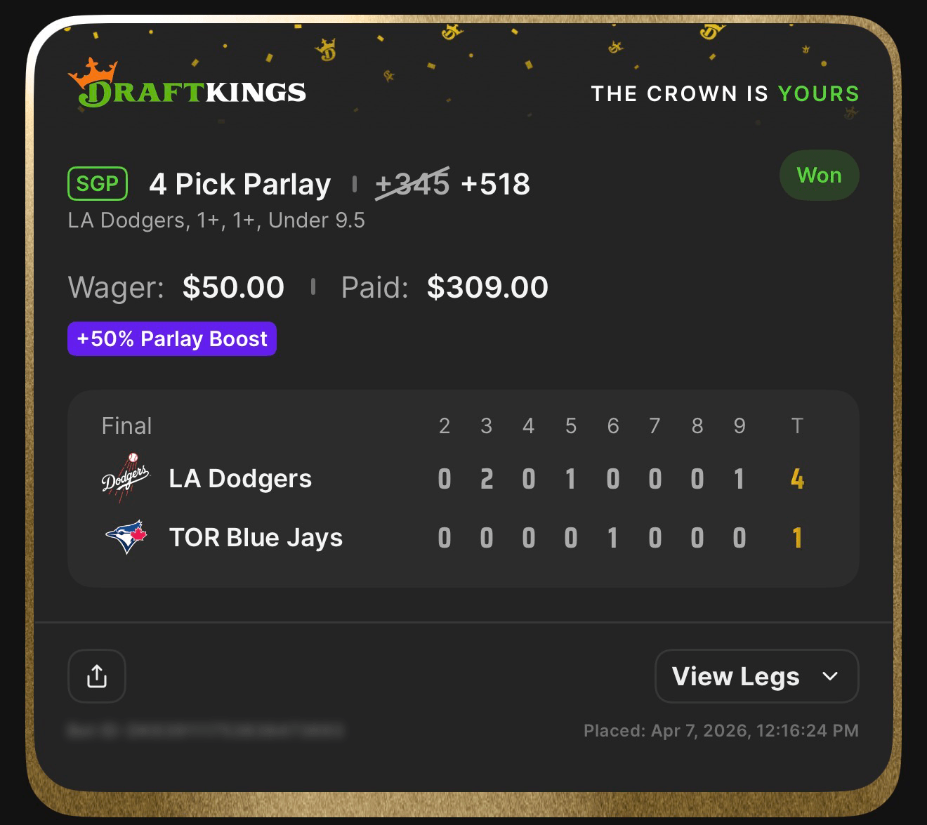 4 Pick SGP +518 boosted — LA Dodgers correlated legs — Won $309 from $50 with 50% Boost