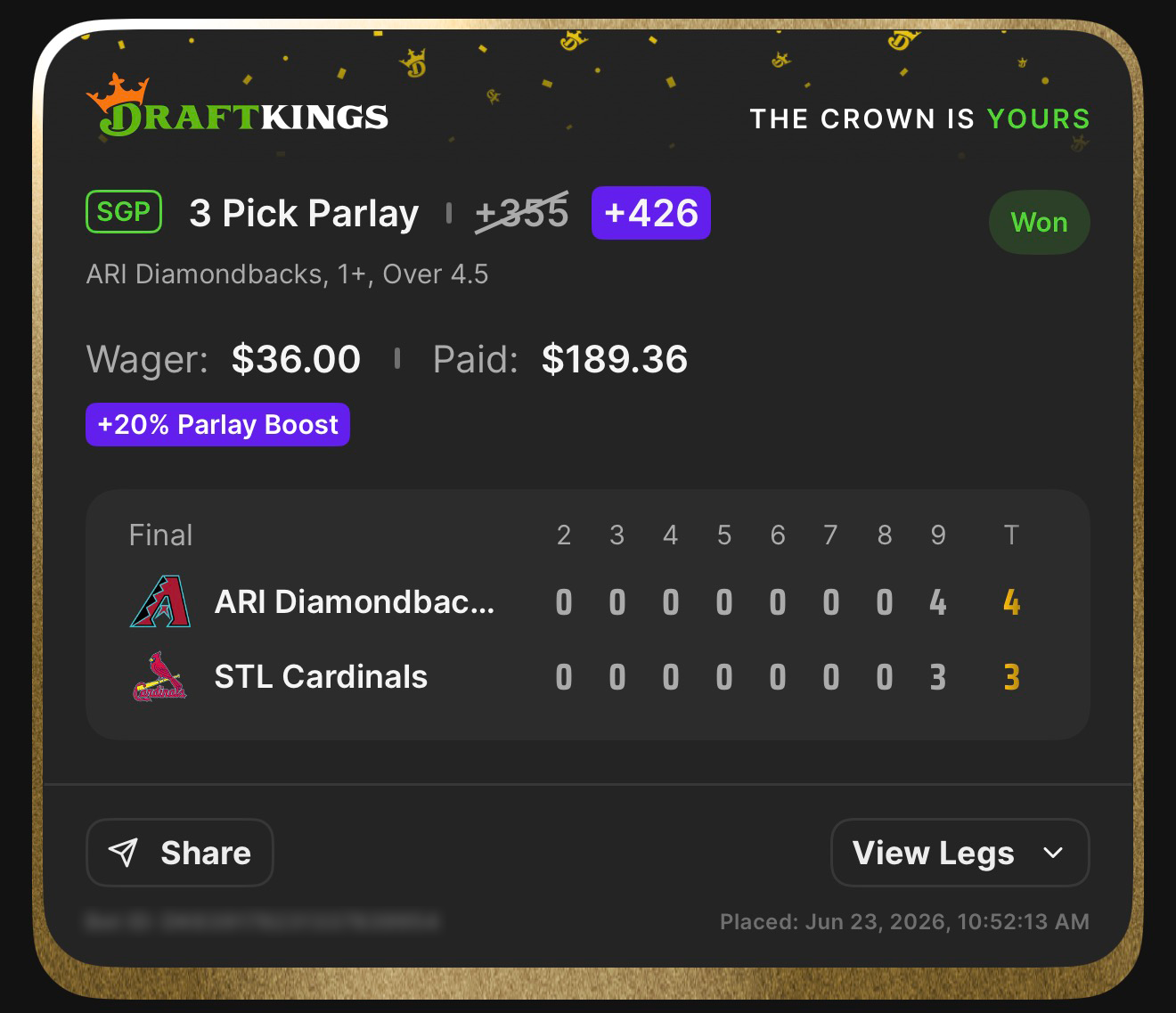 DraftKings SGP 3 Pick Parlay +426 (boosted from +355 with +20% Parlay Boost) ARI Diamondbacks, 1+, Over 4.5 won $36→$189.36 — Diamondbacks 4, Cardinals 3 — June 23, 2026