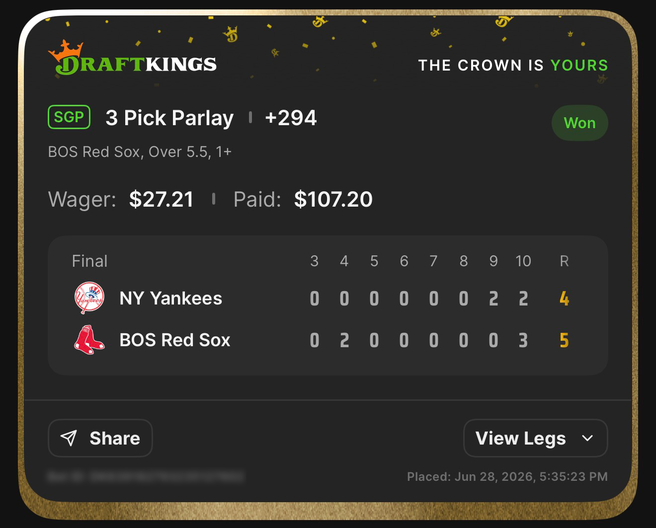 DraftKings SGP 3 Pick Parlay +294 BOS Red Sox, Over 5.5, 1+ won $27.21→$107.20 — Red Sox 5, Yankees 4 — June 28, 2026