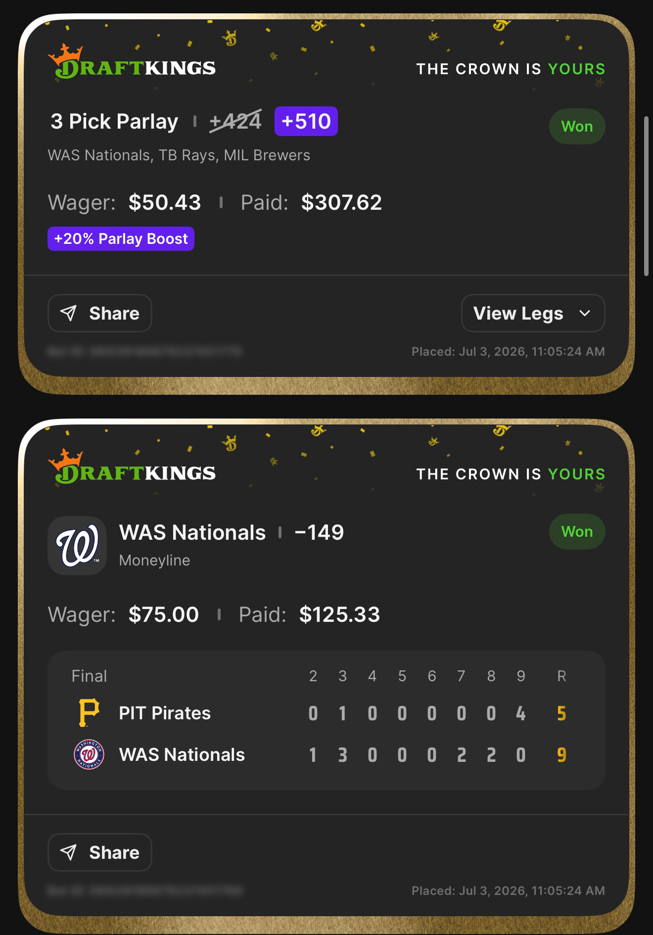 DraftKings 3 Pick Parlay +510 (boosted from +424 with +20% Parlay Boost) WAS Nationals, TB Rays, MIL Brewers won $50.43→$307.62 + WAS Nationals ML -149 anchor won $75→$125.33 — Nationals 9, Pirates 5 — July 3, 2026