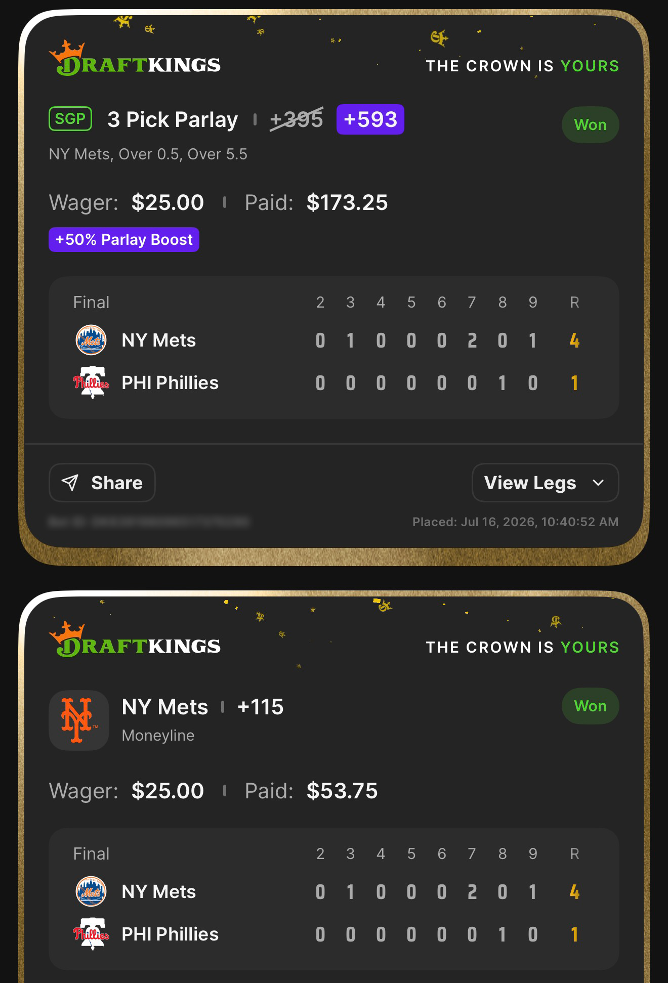 DraftKings SGP 3 Pick Parlay +593 (boosted from +395 with +50% Parlay Boost) NY Mets, Over 0.5, Over 5.5 won $25→$173.25 + NY Mets ML +115 anchor won $25→$53.75 — Mets 4, Phillies 1 — July 16, 2026
