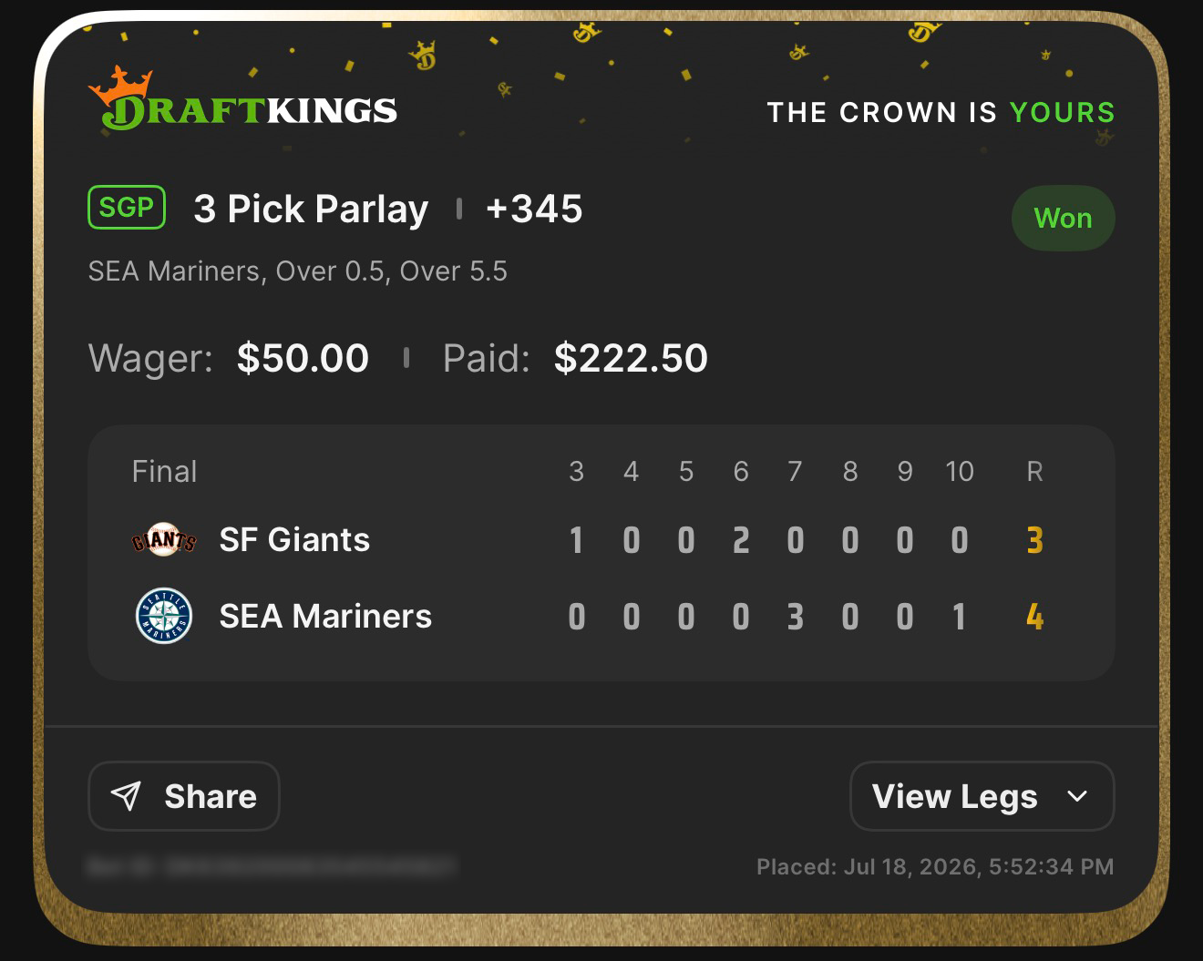 DraftKings SGP 3 Pick Parlay +345 SEA Mariners, Over 0.5, Over 5.5 won $50→$222.50 — Mariners 4, Giants 3 (10 innings) — July 18, 2026