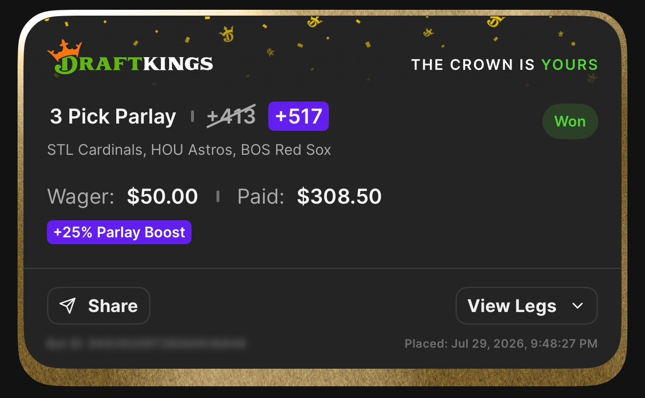 DraftKings 3 Pick Parlay +517, boosted from +413 with a 25% Parlay Boost, featuring STL Cardinals, HOU Astros, and BOS Red Sox won $50.00 to pay $308.50 on July 29, 2026