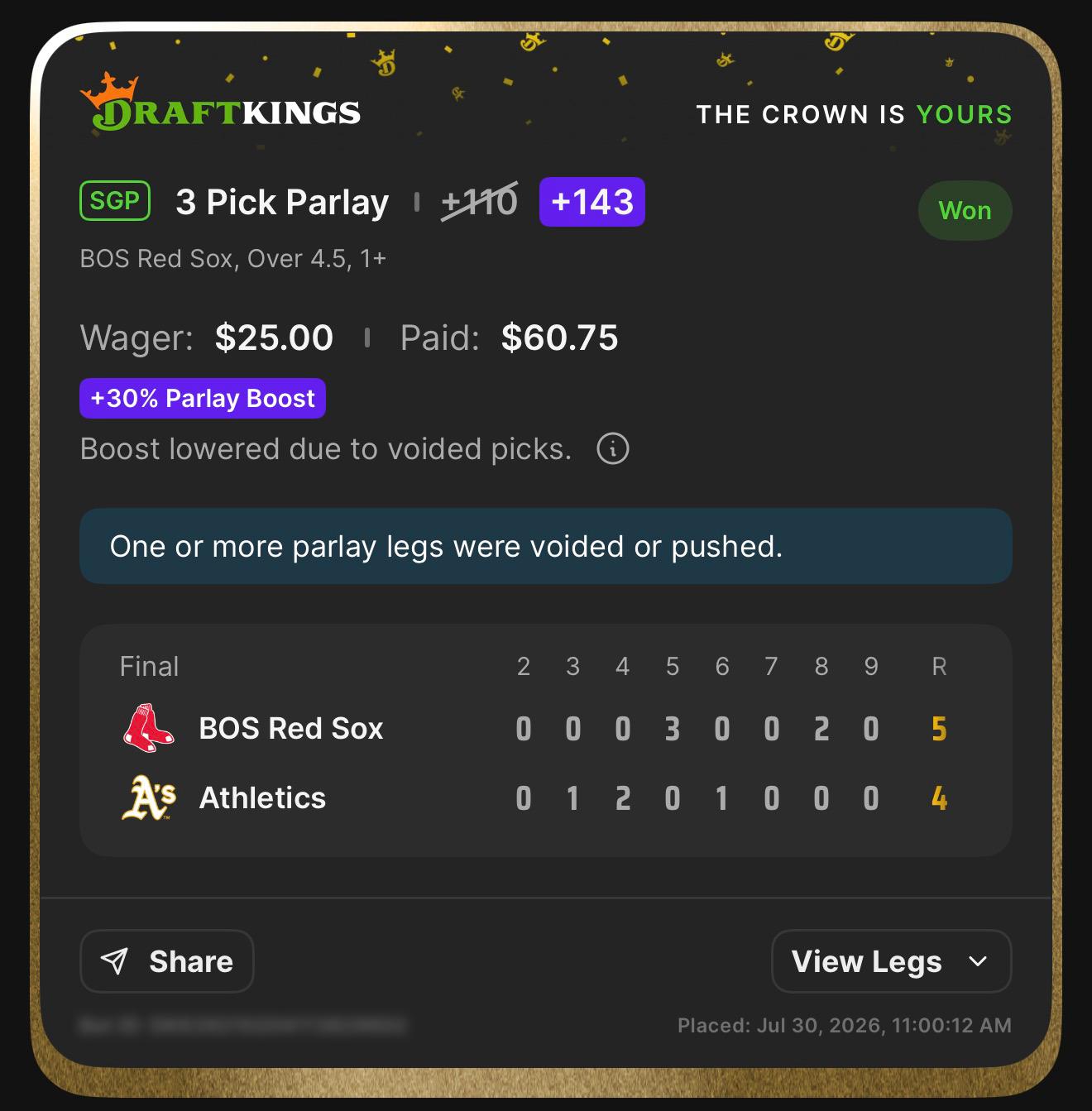 DraftKings SGP 3 Pick Parlay +143, boosted from +110 with a 30% Parlay Boost, featuring BOS Red Sox, Over 4.5, and 1+ won $25.00 to pay $60.75 after one or more legs were voided or pushed; Red Sox defeated Athletics 5-4 on July 30, 2026