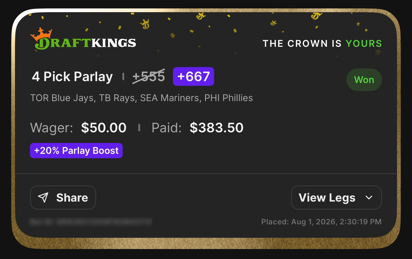 DraftKings 4 Pick Parlay +667, boosted from +535 with a 20% Parlay Boost, featuring TOR Blue Jays, TB Rays, SEA Mariners, and PHI Phillies won $50.00 to pay $383.50 on August 1, 2026