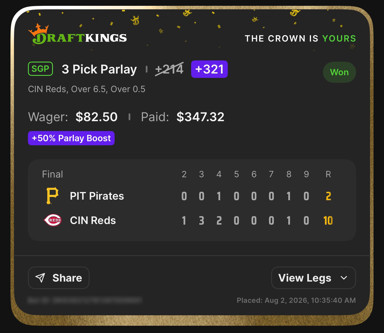 DraftKings SGP 3 Pick Parlay +321, boosted from +214 with a 50% Parlay Boost, featuring CIN Reds, Over 6.5, and Over 0.5 won $82.50 to pay $347.32; Reds defeated Pirates 10-2 on August 2, 2026
