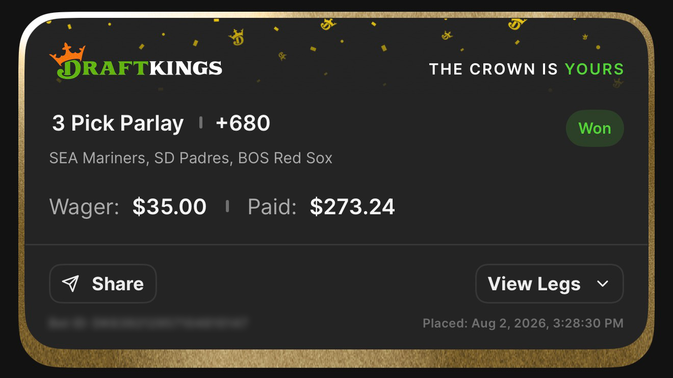 DraftKings 3 Pick Parlay +680 featuring SEA Mariners, SD Padres, and BOS Red Sox won $35.00 to pay $273.24; placed August 2, 2026 at 3:28 PM ET