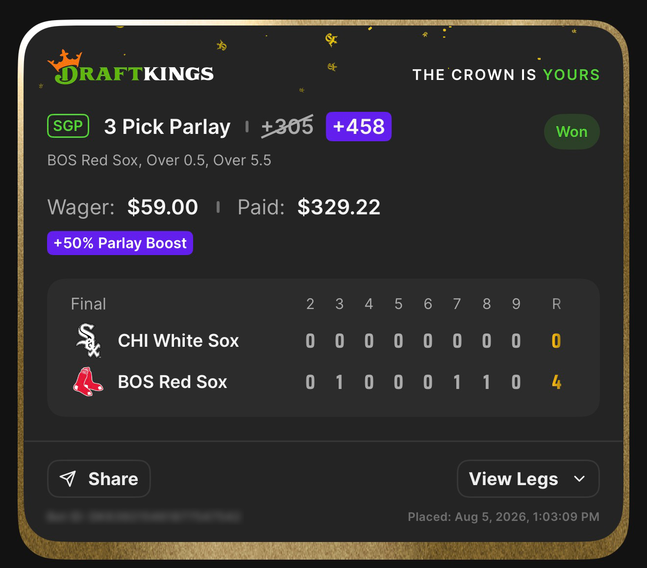 DraftKings SGP 3 Pick Parlay +205, boosted from +305 with a 50% Parlay Boost, featuring CHI White Sox, BOS Red Sox, Over 0.5, and Over 5.5 won $59.00 to pay $329.22; placed August 5, 2026 at 1:03:09 PM ET