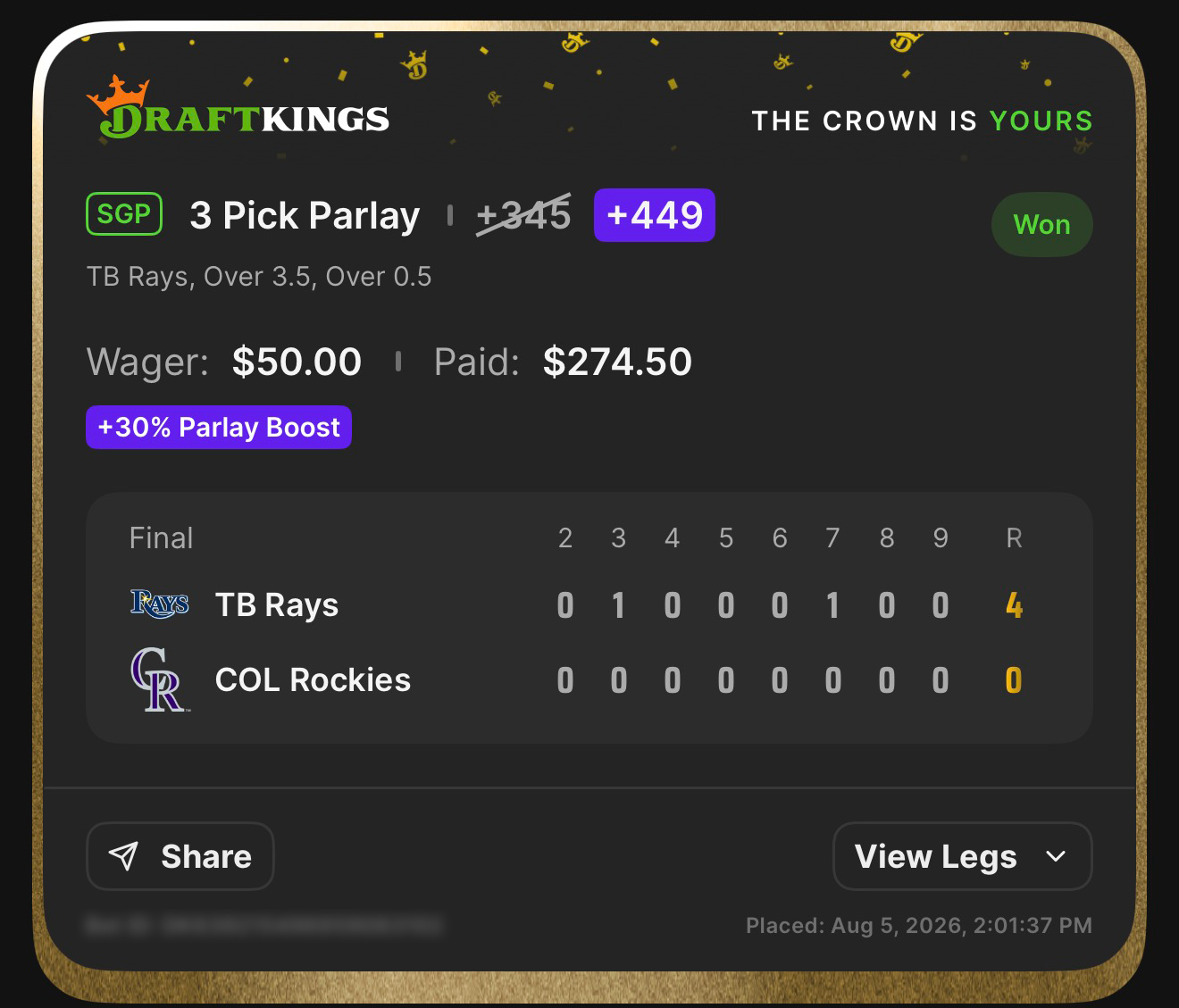 DraftKings SGP 3 Pick Parlay +345, boosted from +265 with a 30% Parlay Boost, featuring TB Rays, Over 3.5, and Over 0.5 won $50.00 to pay $274.50; placed August 5, 2026 at 2:01:37 PM ET