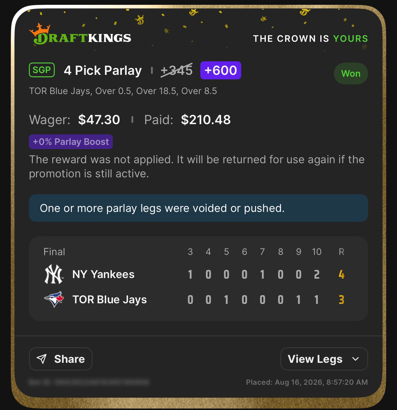 DraftKings SGP 4 Pick Parlay +600, originally +345 with the parlay boost not applied and one or more legs voided or pushed, featuring TOR Blue Jays, Over 0.5, Over 18.5, and Over 8.5 won $47.30 to pay $210.48; placed August 16, 2026 at 8:57:20 AM ET