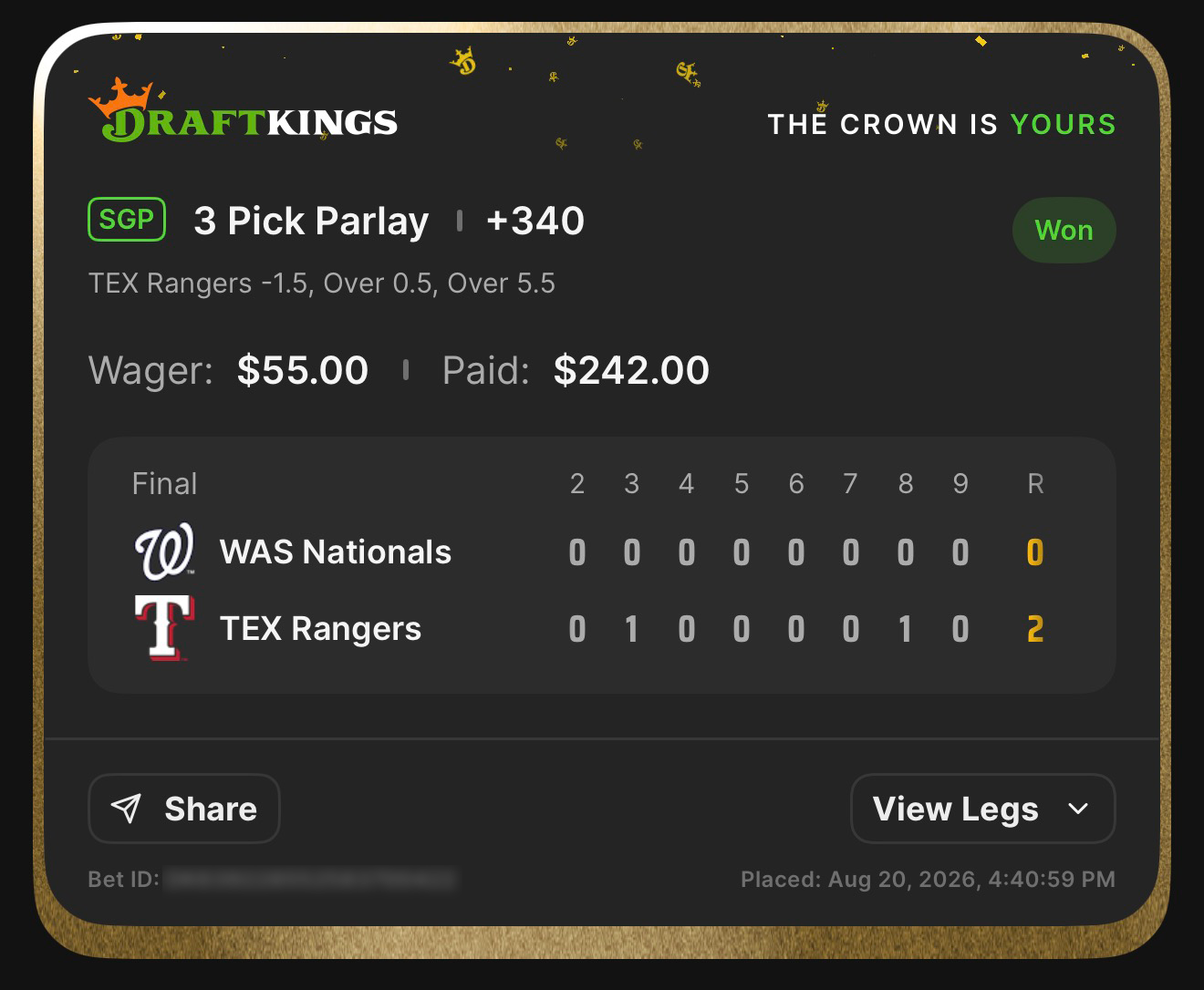 DraftKings SGP 3 Pick Parlay +340 featuring TEX Rangers -1.5, Over 0.5, and Over 5.5 won $55.00 to pay $242.00; final WAS Nationals 0, TEX Rangers 2 on August 20, 2026 at 4:40:59 PM ET