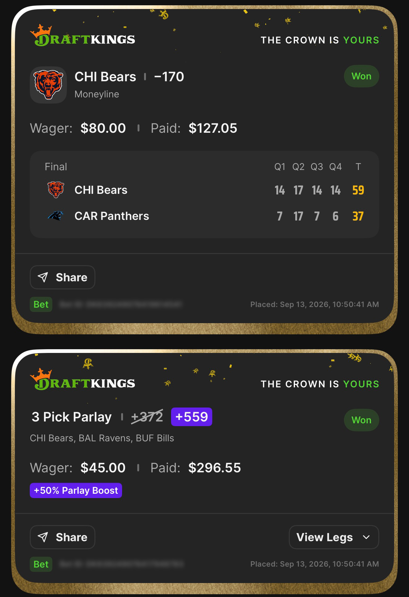 DraftKings CHI Bears Moneyline -170 won $80.00 to pay $127.05, plus 3 Pick Parlay +559, boosted from +372 with a 50% Parlay Boost, featuring CHI Bears, BAL Ravens, and BUF Bills won $45.00 to pay $296.55; Bears defeated Panthers 59-37 on September 13, 2026 at 10:50:41 AM ET