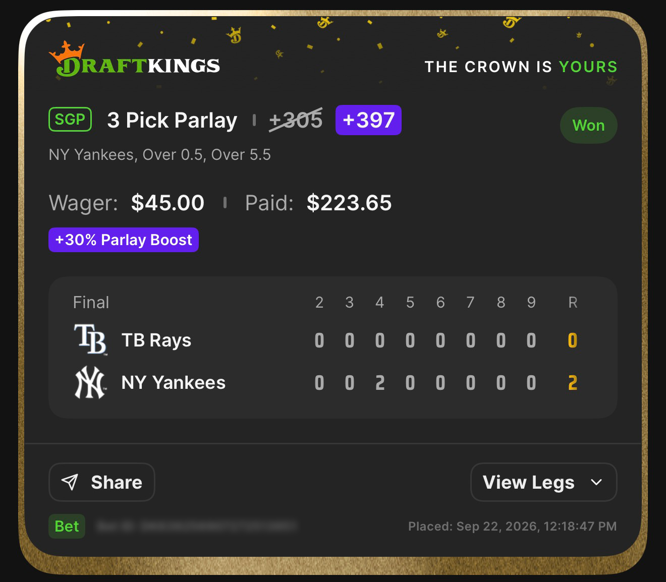DraftKings SGP 3 Pick Parlay +397, boosted from +305 with a 30% Parlay Boost, featuring NY Yankees, Over 0.5, and Over 5.5 won $45.00 to pay $223.65; Yankees shut out TB Rays 2-0 on September 22, 2026 at 12:18:47 PM ET
