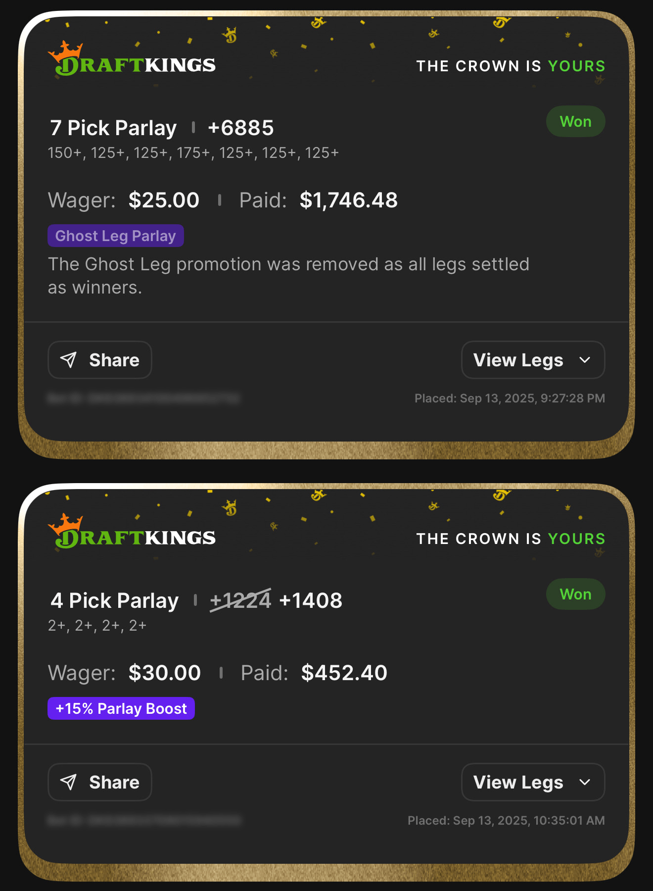 7 Pick Parlay +6885 Ghost Leg — Won $1,746.48 from $25 plus 4 Pick Parlay +1408 — Won $452.40 from $30 with 15% Boost