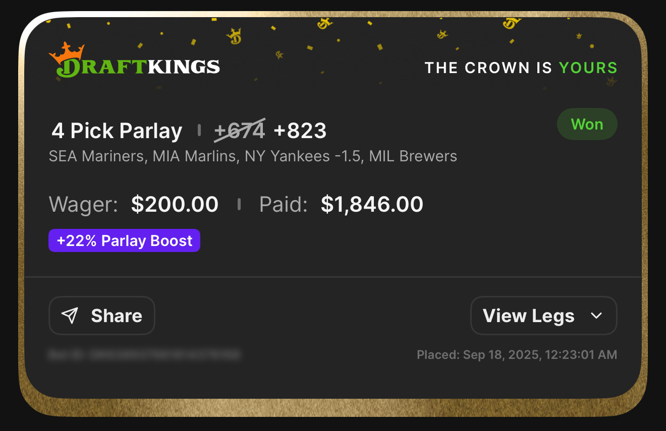 4 Pick Parlay +823 boosted — SEA Mariners, MIA Marlins, NY Yankees, MIL Brewers — Won $1,846 from $200 wager with 22% Boost